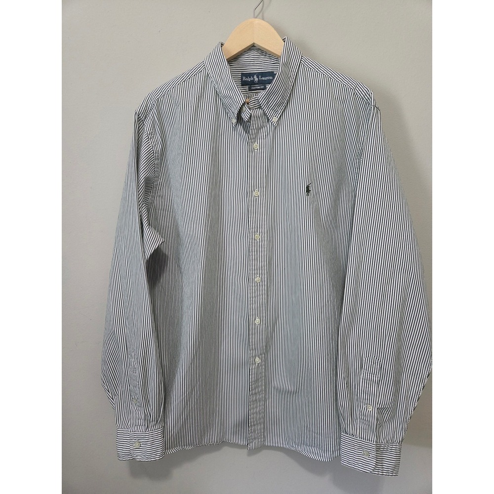 Ralph Lauren Mens XXL Custom Fit Striped Button Down Shirt Navy White Cotton
